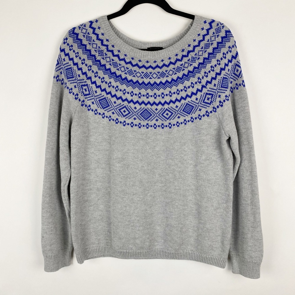 Talbots Fair Isle Sweater Womens Size Large Gray Blue Nordic Cotton Blend Knit